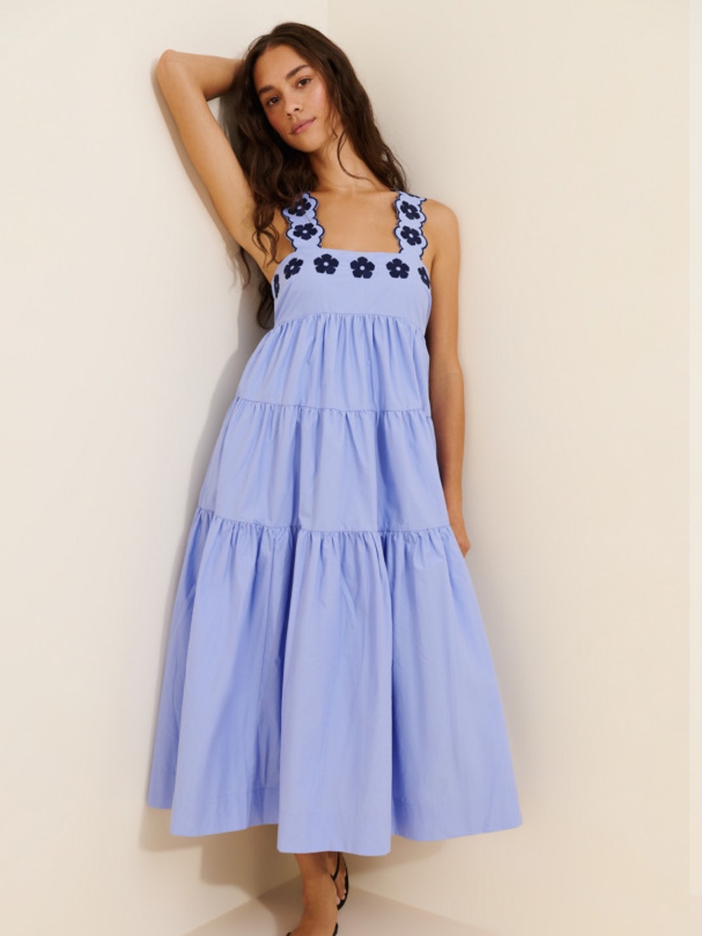 Anthropologie Helena Pale Blue EmbroideredTiered Maxi Dress with Navy Floral